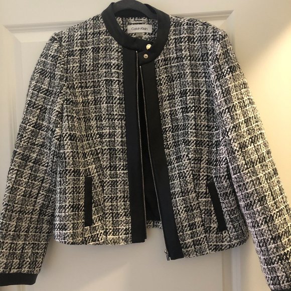Calvin Klein Jackets & Blazers - Calvin Klein Black and White Tweed Faux Leather Trim JacketSize 10 NWOT